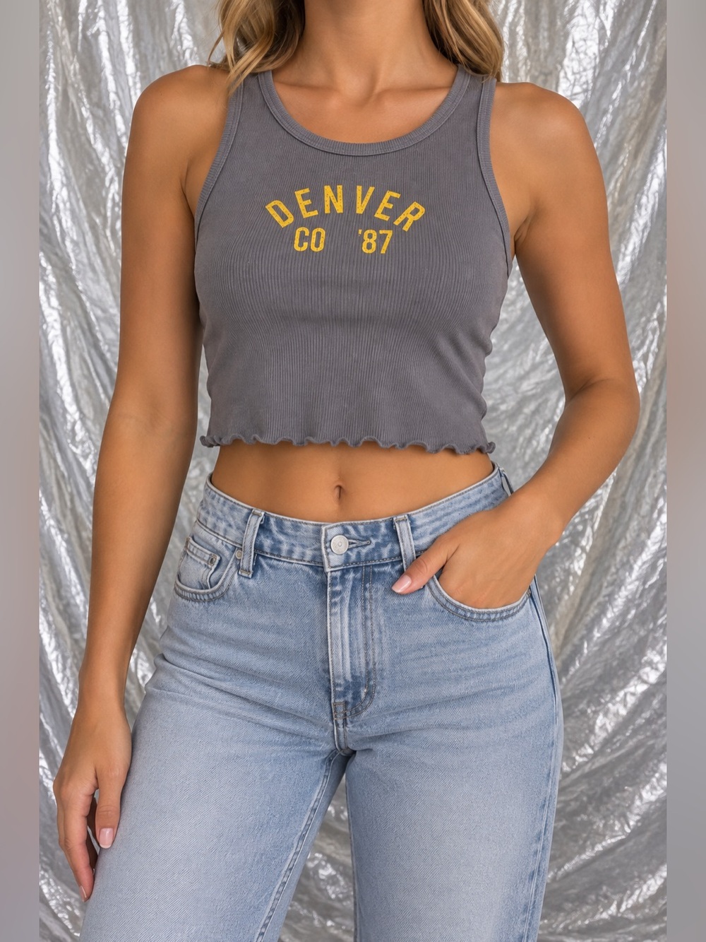 Aéropostale Gray Ribbed 'Denver CO '87' Crop Tank Size Small